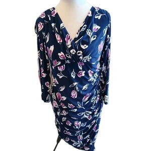 Lauren Ralph Lauren Faux Wrap Dress Size 12 Blue Floral Ruched